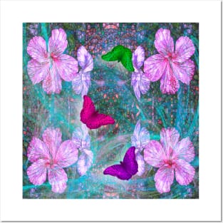 Fabulous pink hibiscus and vibrant butterflies Posters and Art